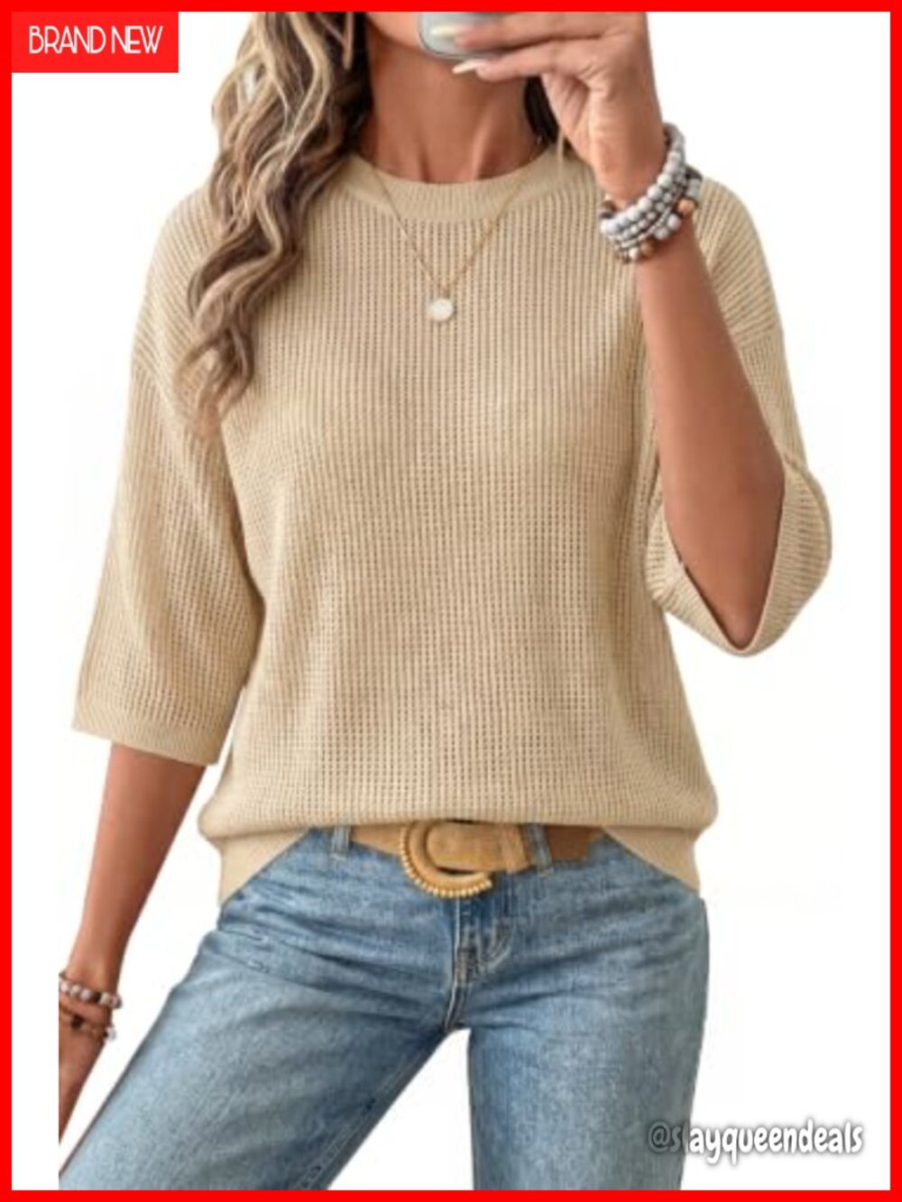 Women's Oversized Crochet Knit Top 3/4 Sleeve Summer Casual Sweater